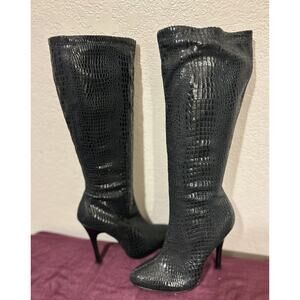 White House Black Market Metro Blk Croc Design Long Dress High Heel Boots, 7